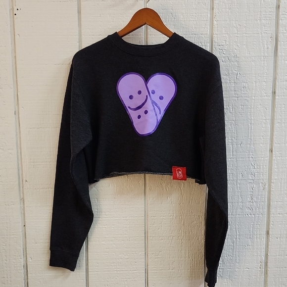 "Happy Pills" Women's Heather Gray Cropped Sweatshirt Purple "Brokenhardened" S - Picture 2 of 8